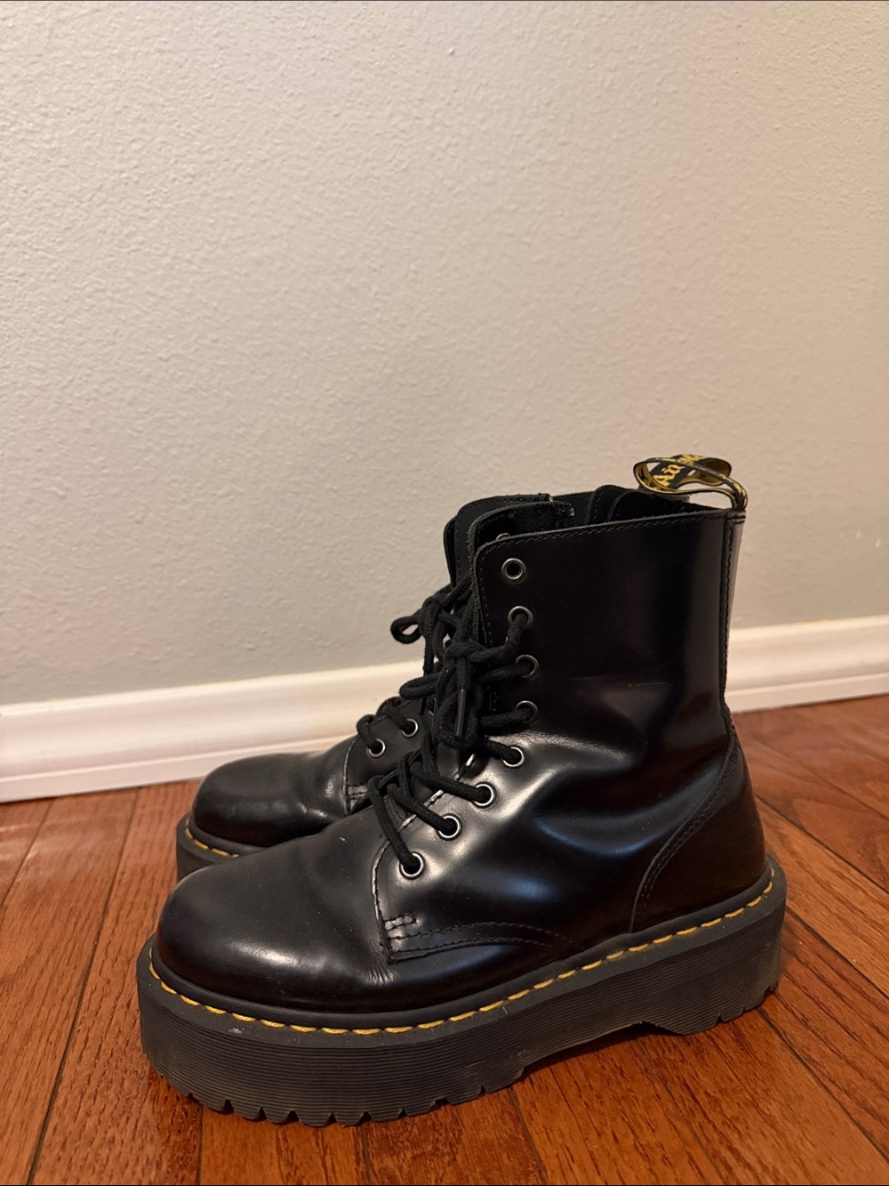 Dr. Martens Black Leather Lace-Up Platform Boots with Yellow Stitching